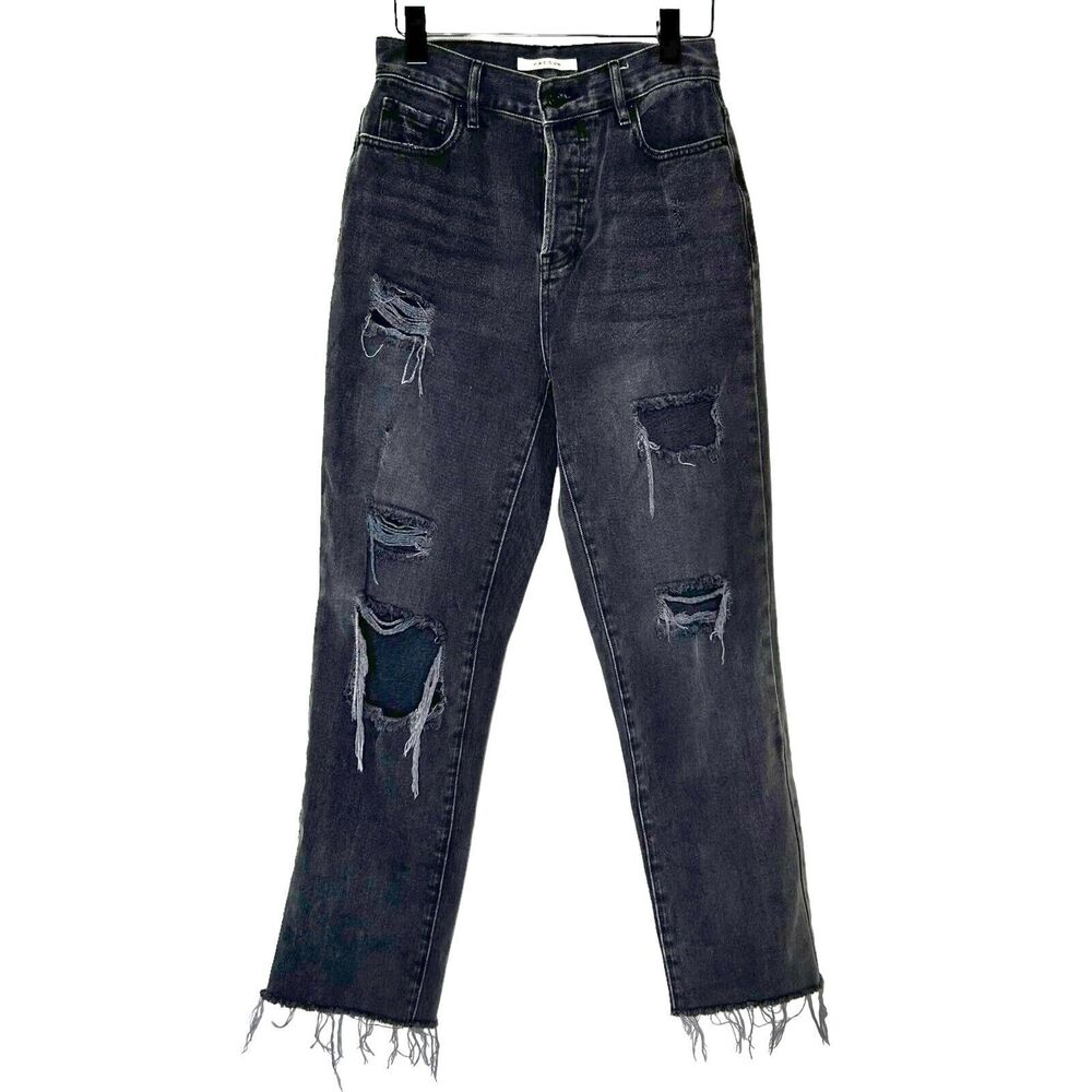 PACSUN Jeans Size 25 Black Button Fly‎ High Rise Straight Leg Distressed Raw Hem